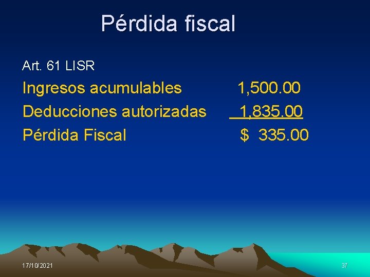 Pérdida fiscal Art. 61 LISR Ingresos acumulables Deducciones autorizadas Pérdida Fiscal 17/10/2021 1, 500.
