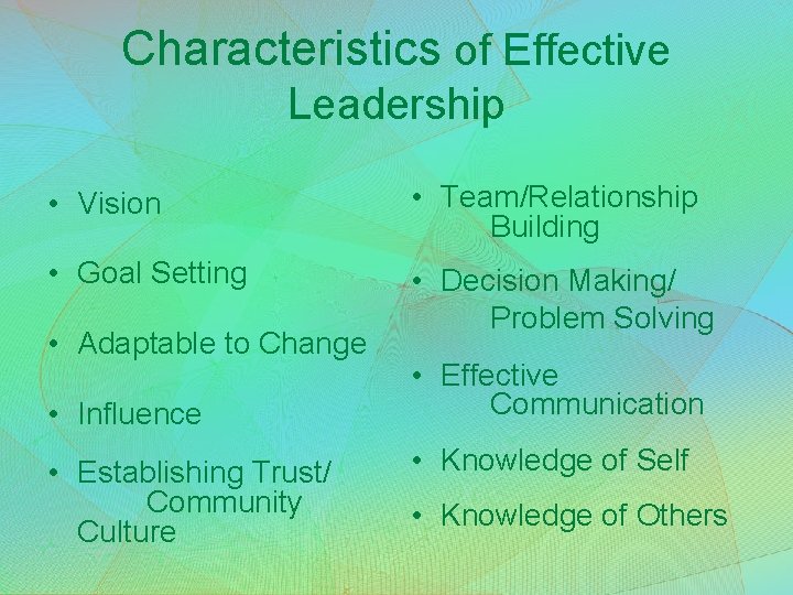 Characteristics of Effective Leadership • Vision • Team/Relationship Building • Goal Setting • Decision