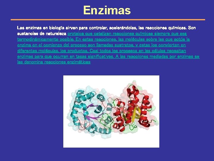 Enzimas Las enzimas en biología sirven para controlar, acelerándolas, las reacciones químicas. Son sustancias