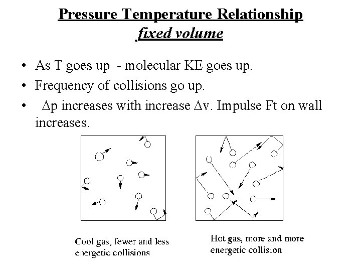 Pressure Temperature Relationship fixed volume • As T goes up - molecular KE goes Pressure Temperature Relationship fixed volume • As T goes up - molecular KE goes