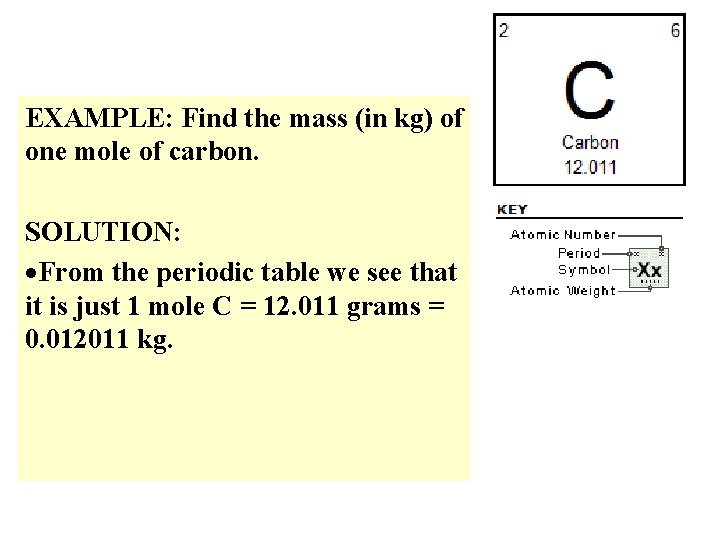 EXAMPLE: Find the mass (in kg) of one mole of carbon. SOLUTION: From the EXAMPLE: Find the mass (in kg) of one mole of carbon. SOLUTION: From the