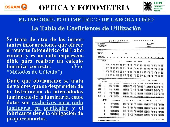 OPTICA Y FOTOMETRIA EL INFORME FOTOMETRICO DE LABORATORIO La Tabla de Coeficientes de Utilización