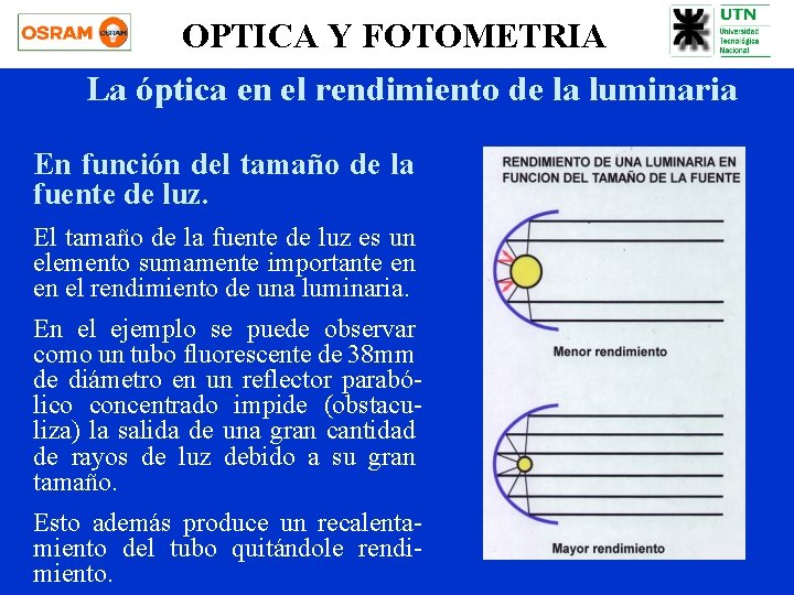 OPTICA Y FOTOMETRIA La óptica en el rendimiento de la luminaria En función del