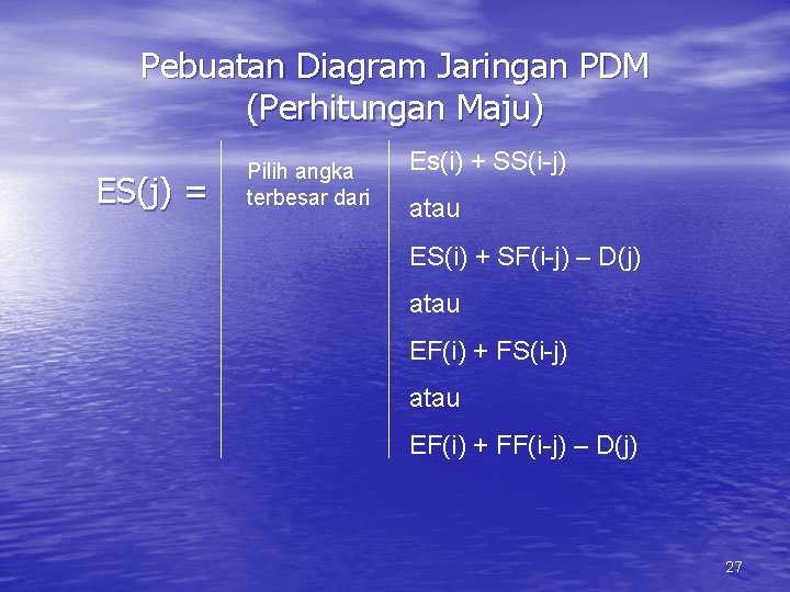 Pebuatan Diagram Jaringan PDM (Perhitungan Maju) ES(j) = Pilih angka terbesar dari Es(i) +