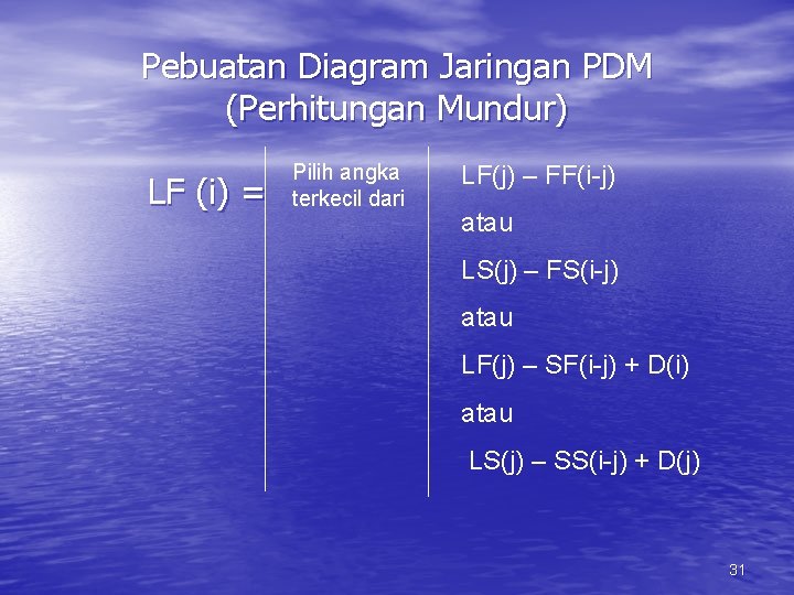Pebuatan Diagram Jaringan PDM (Perhitungan Mundur) LF (i) = Pilih angka terkecil dari LF(j)