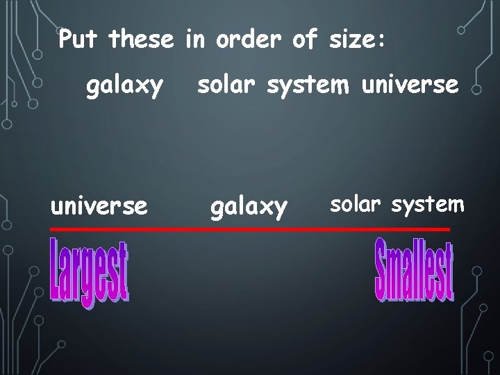 Put these in order of size: galaxy universe solar system universe galaxy solar system