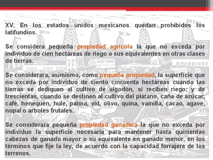 XV. En los estados unidos mexicanos quedan prohibidos latifundios. Se considera pequeña propiedad agrícola