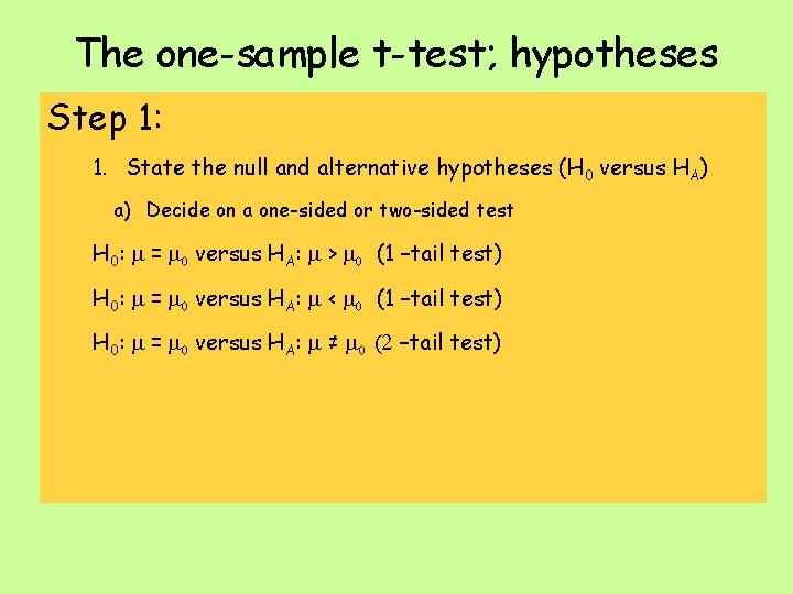 The one-sample t-test; hypotheses Step 1: 1. State the null and alternative hypotheses (H