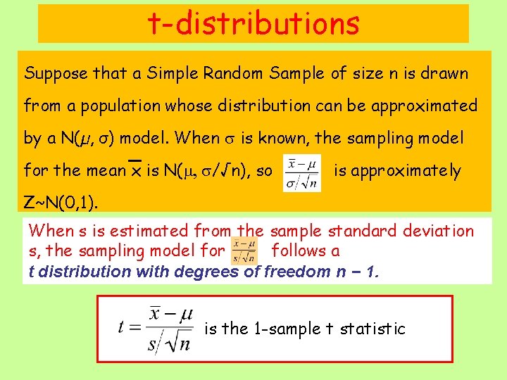 t-distributions Suppose that a Simple Random Sample of size n is drawn from a