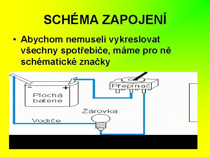 SCHÉMA ZAPOJENÍ • Abychom nemuseli vykreslovat všechny spotřebiče, máme pro ně schématické značky 