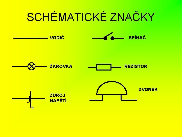 SCHÉMATICKÉ ZNAČKY VODIČ ŽÁROVKA SPÍNAČ REZISTOR ZVONEK - ZDROJ NAPĚTÍ + 