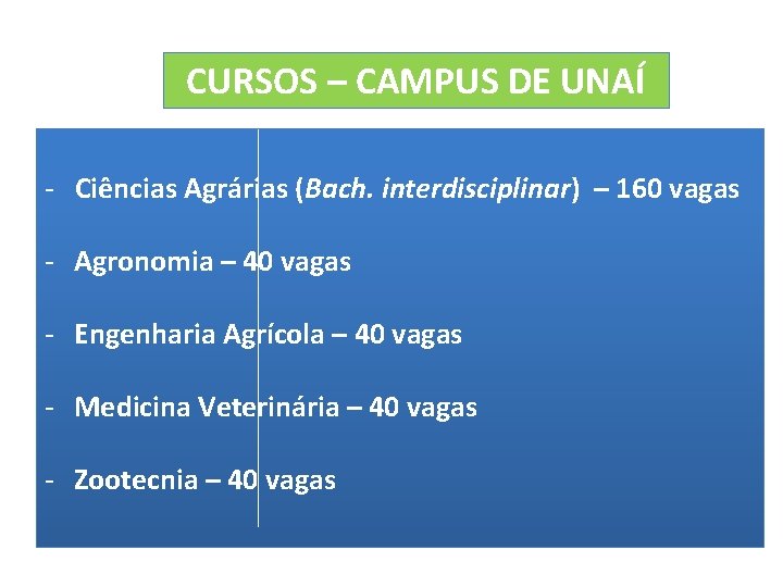 CURSOS – CAMPUS DE UNAÍ - Ciências Agrárias (Bach. interdisciplinar) – 160 vagas -