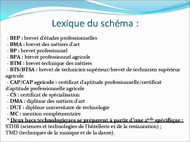 Lexique du schéma : - BEP : brevet d’études professionnelles - BMA : brevet