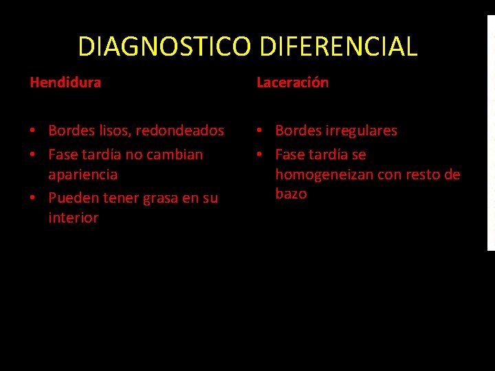 DIAGNOSTICO DIFERENCIAL Hendidura Laceración • Bordes lisos, redondeados • Fase tardía no cambian apariencia