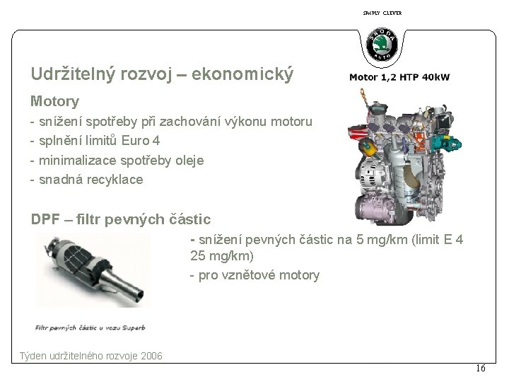 SIMPLY CLEVER Udržitelný rozvoj – ekonomický Motory - snížení spotřeby při zachování výkonu motoru