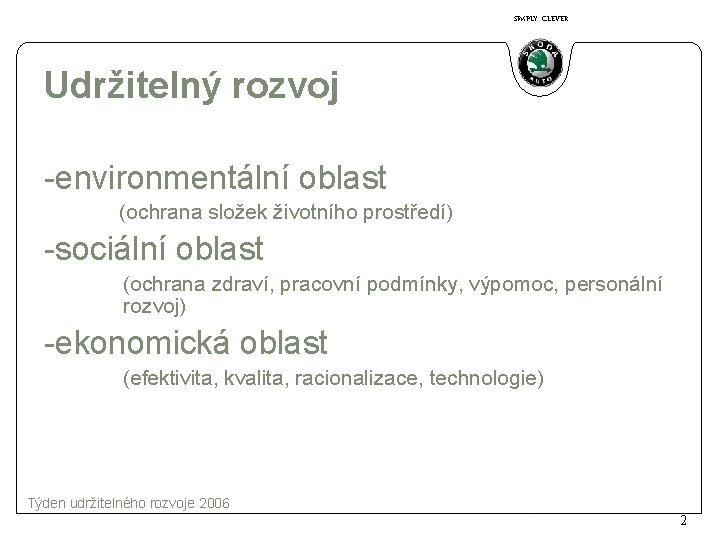 SIMPLY CLEVER Udržitelný rozvoj -environmentální oblast (ochrana složek životního prostředí) -sociální oblast (ochrana zdraví,