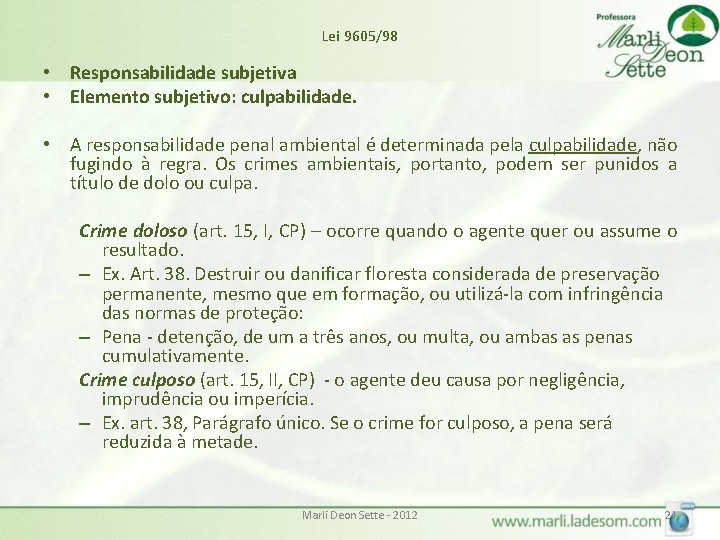 Lei 9605/98 • Responsabilidade subjetiva • Elemento subjetivo: culpabilidade. • A responsabilidade penal ambiental