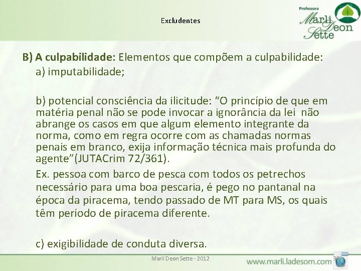 Excludentes B) A culpabilidade: Elementos que compõem a culpabilidade: a) imputabilidade; b) potencial consciência