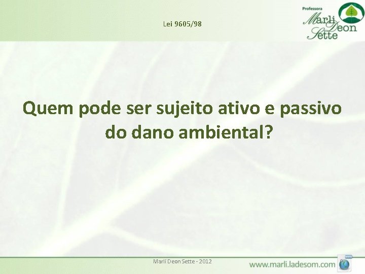 Lei 9605/98 Quem pode ser sujeito ativo e passivo do dano ambiental? Marli Deon