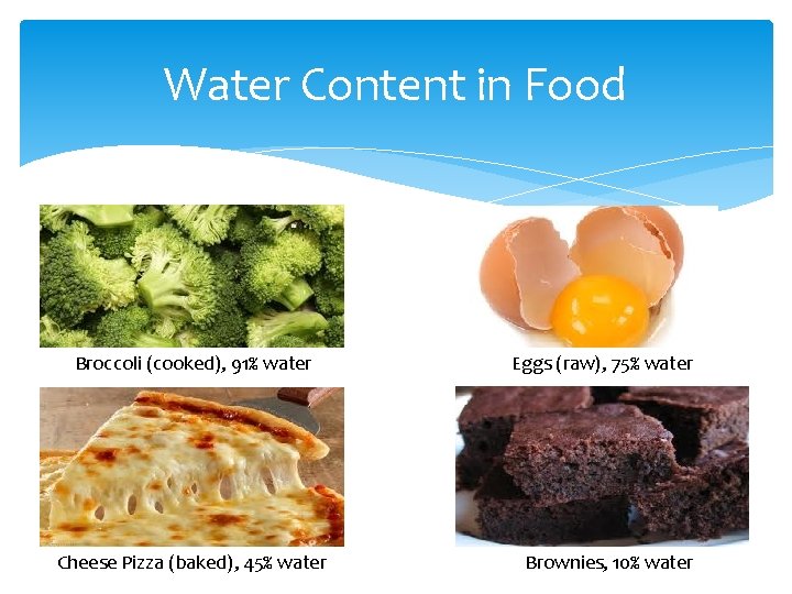 Water Content in Food Broccoli (cooked), 91% water Cheese Pizza (baked), 45% water Eggs