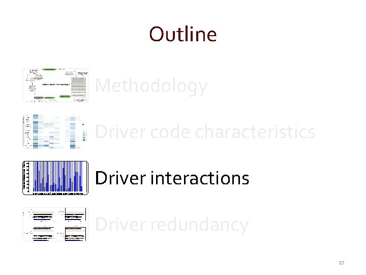 Outline Methodology Driver code characteristics Driver interactions Driver redundancy 27 