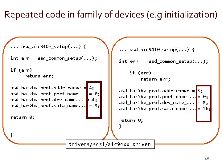 Repeated code in family of devices (e. g initialization). . . asd_aic 9405_setup(. .