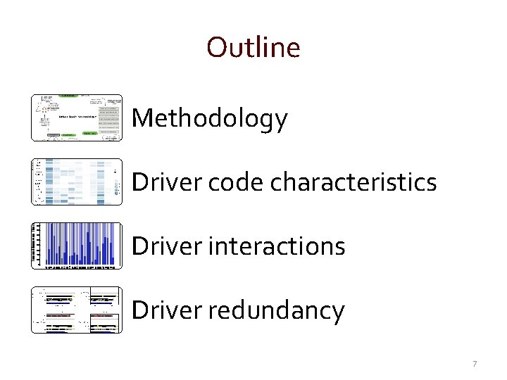 Outline Methodology Driver code characteristics Driver interactions Driver redundancy 7 