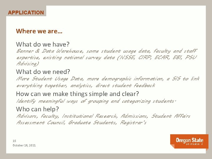 APPLICATION Where we are… What do we have? Banner & Data Warehouse, some student