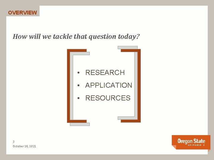 OVERVIEW How will we tackle that question today? [ [ • RESEARCH • APPLICATION