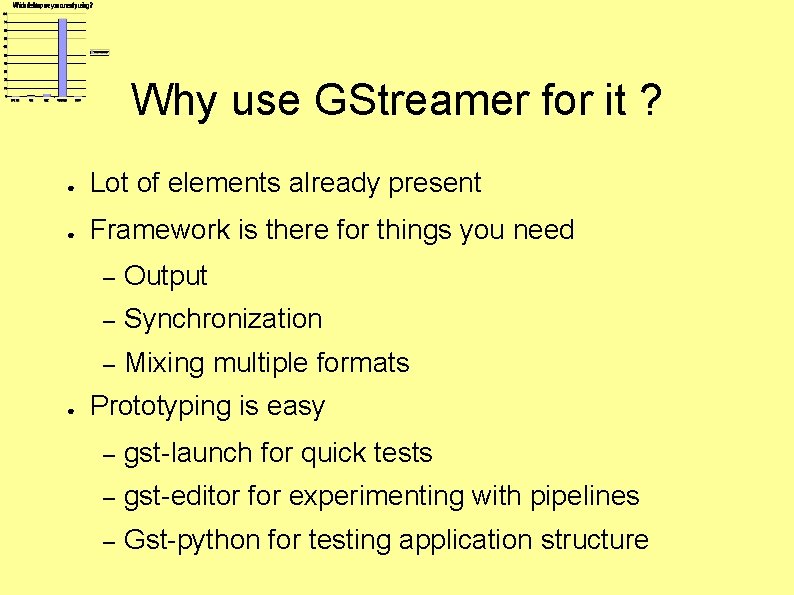 Why use GStreamer for it ? ● Lot of elements already present ● Framework