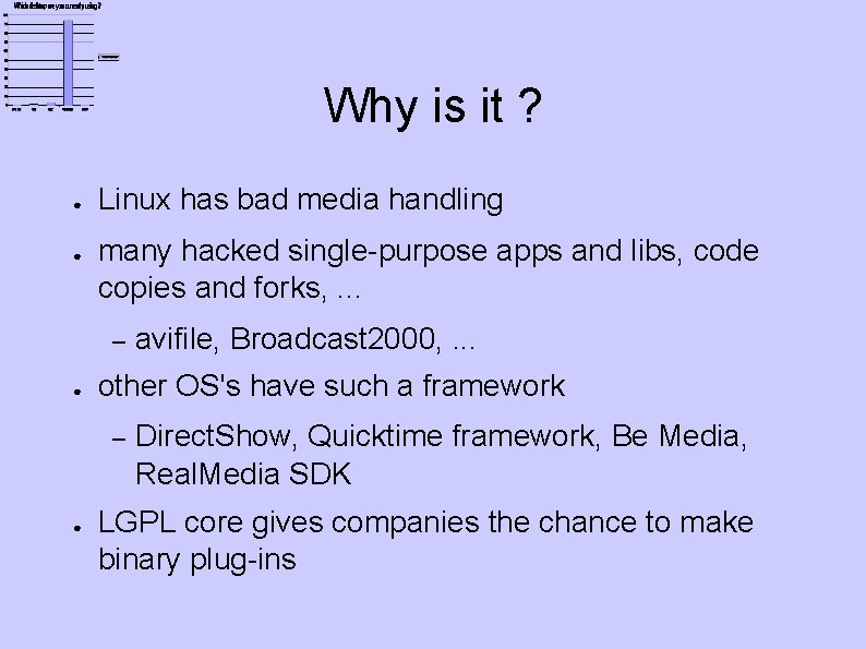 Why is it ? ● ● Linux has bad media handling many hacked single-purpose