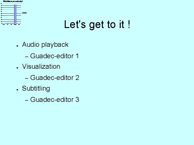 Let's get to it ! ● Audio playback – ● Visualization – ● Guadec-editor