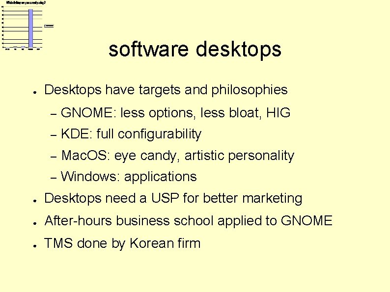 software desktops ● Desktops have targets and philosophies – GNOME: less options, less bloat,