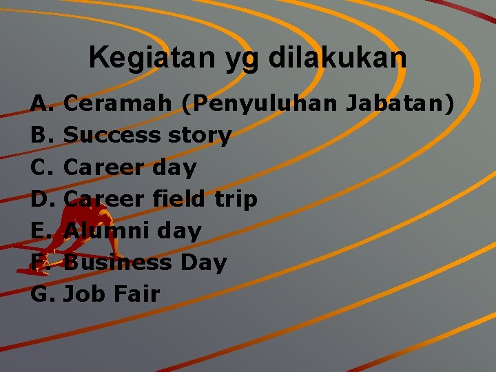 Kegiatan yg dilakukan A. Ceramah (Penyuluhan Jabatan) B. Success story C. Career day D.