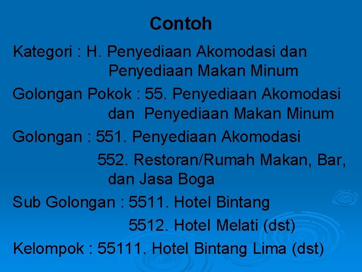 Contoh Kategori : H. Penyediaan Akomodasi dan Penyediaan Makan Minum Golongan Pokok : 55.