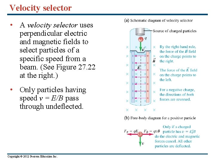 Velocity selector • A velocity selector uses perpendicular electric and magnetic fields to select