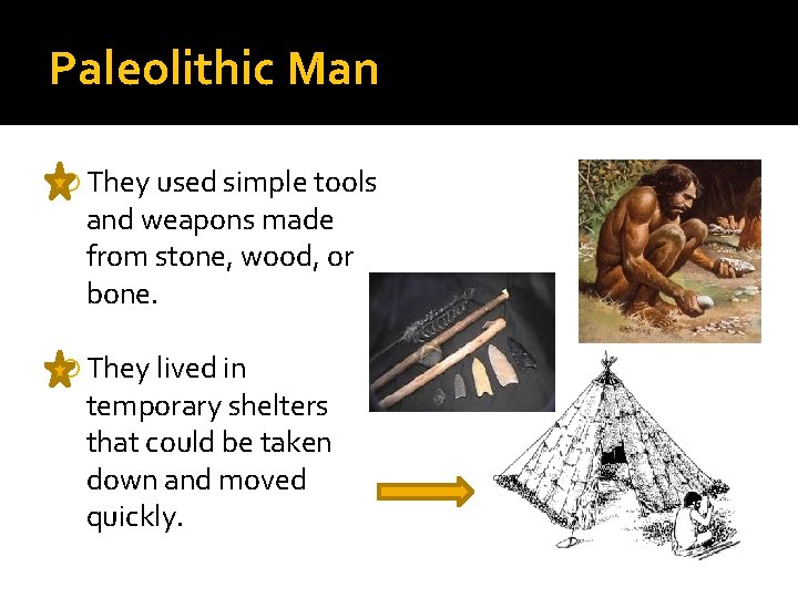 Paleolithic Man They used simple tools and weapons made from stone, wood, or bone.