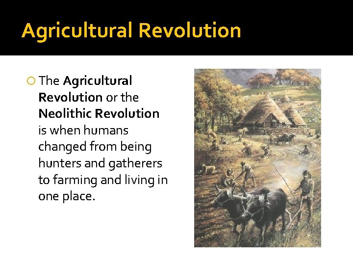 Agricultural Revolution The Agricultural Revolution or the Neolithic Revolution is when humans changed from
