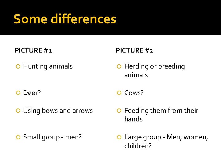 Some differences PICTURE #1 PICTURE #2 Hunting animals Herding or breeding animals Deer? Cows?