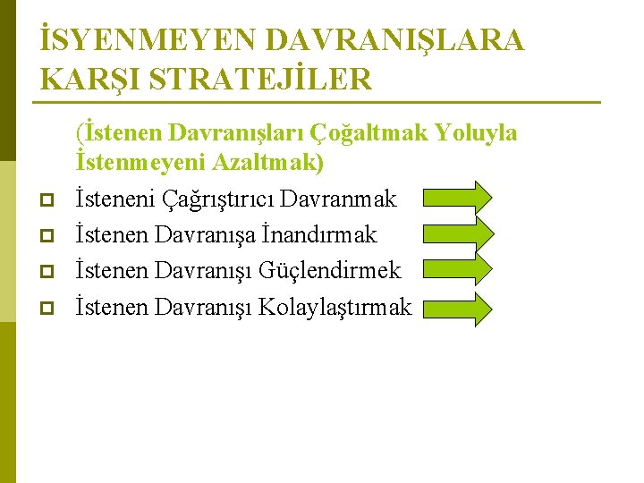 İSYENMEYEN DAVRANIŞLARA KARŞI STRATEJİLER p p (İstenen Davranışları Çoğaltmak Yoluyla İstenmeyeni Azaltmak) İsteneni Çağrıştırıcı