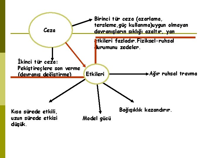 Ceza Birinci tür ceza (azarlama, tersleme, güç kullanma)uygun olmayan davranışların sıklığı azaltır, yan etkileri