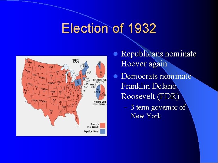 Election of 1932 Republicans nominate Hoover again l Democrats nominate Franklin Delano Roosevelt (FDR)