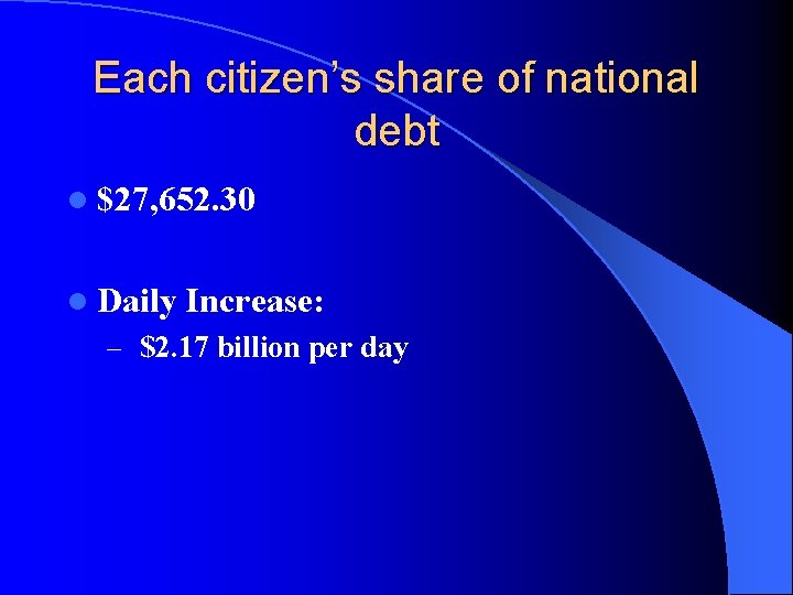 Each citizen’s share of national debt l $27, 652. 30 l Daily Increase: –