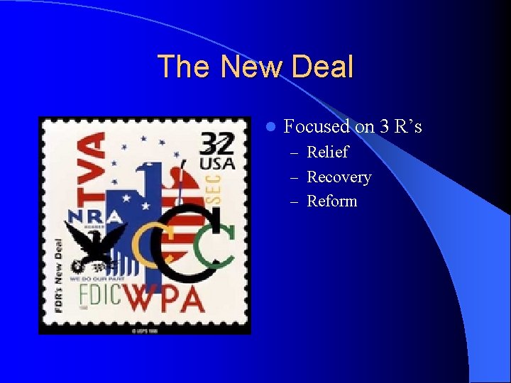 The New Deal l Focused on 3 R’s – Relief – Recovery – Reform