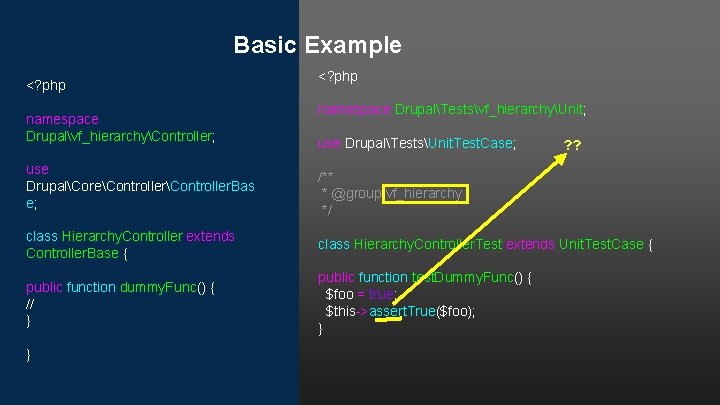 Basic Example <? php namespace Drupalvf_hierarchyController; use DrupalCoreController. Bas e; <? php namespace DrupalTestsvf_hierarchyUnit;