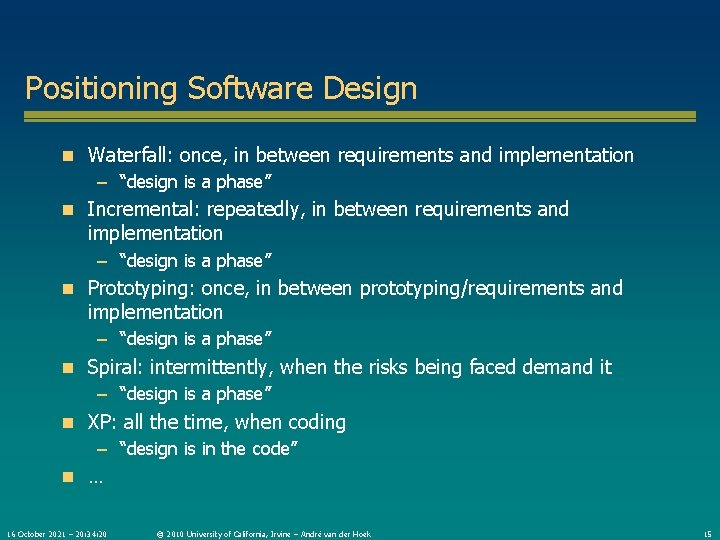 Positioning Software Design n Waterfall: once, in between requirements and implementation – “design is