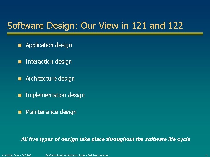 Software Design: Our View in 121 and 122 n Application design n Interaction design