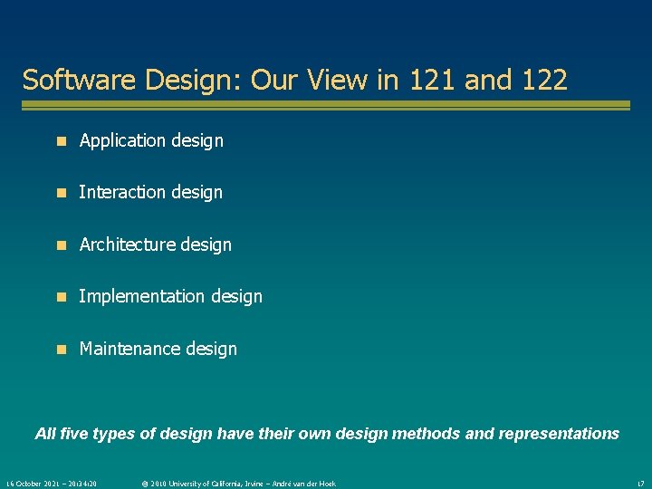 Software Design: Our View in 121 and 122 n Application design n Interaction design