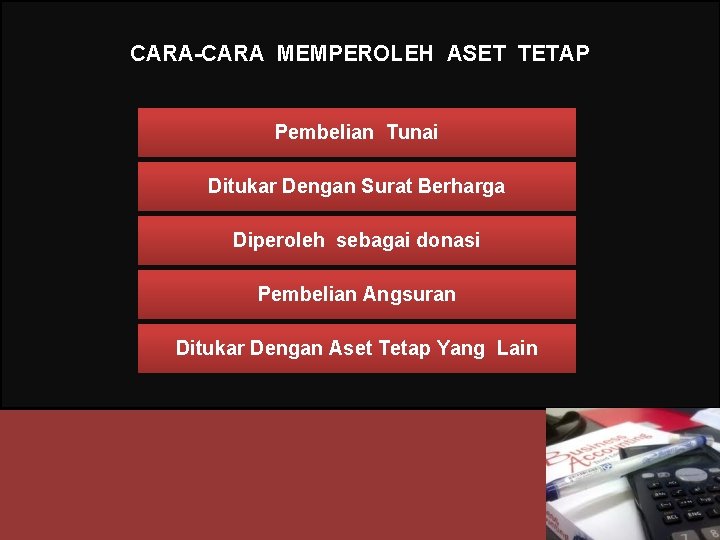 CARA-CARA MEMPEROLEH ASET TETAP Pembelian Tunai Ditukar Dengan Surat Berharga Diperoleh sebagai donasi Pembelian