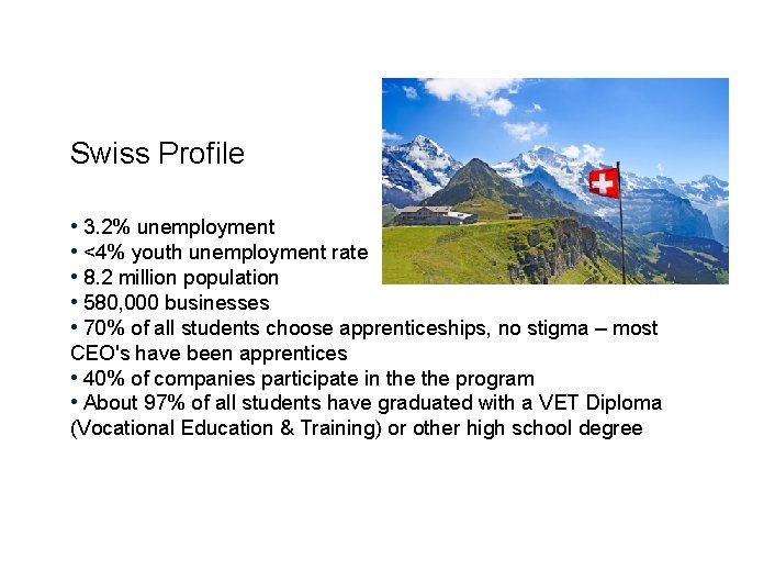 Swiss Profile • 3. 2% unemployment • <4% youth unemployment rate • 8. 2
